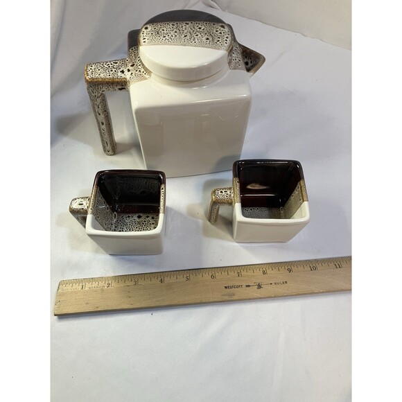 Tri Color Pier 1 Imports Stoneware Teapot/2 Cups Brown Tea Coffee Set - Picture 4 of 7